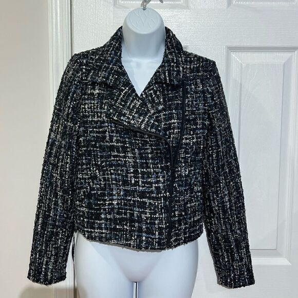 Express Black White Blue Metallic Sparkle Tweed Moto Jacket Coat Size Small - Picture 3 of 12